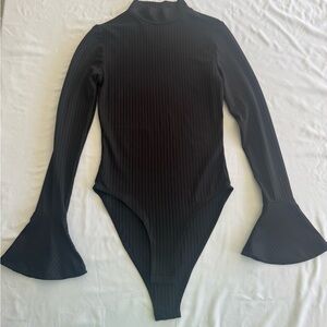 Women’s Black Whimsigoth Witchy Bell Sleeve Fitted High Neck Bodysuit Size 6